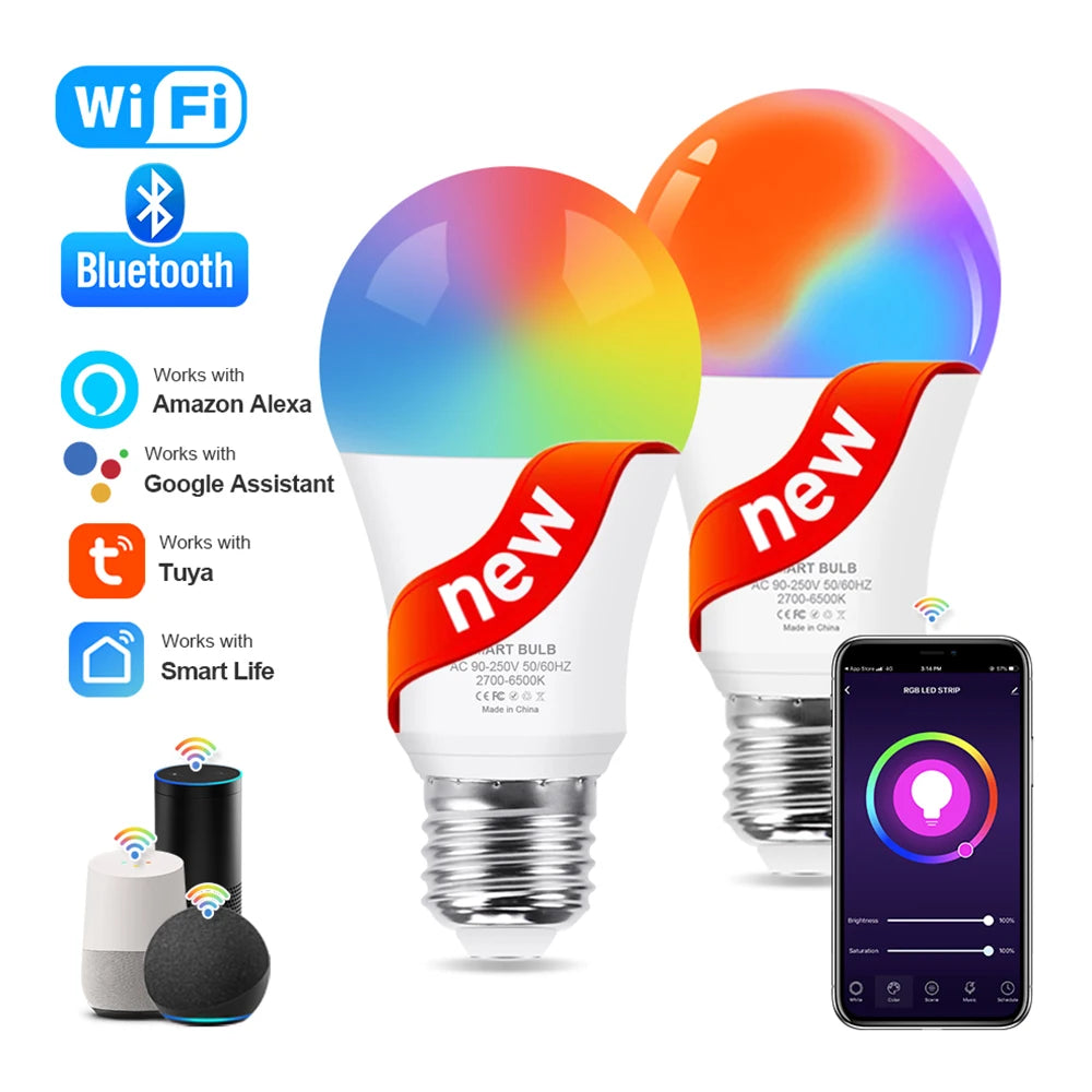 E27 LED Smart Bulb Bluetooth 4.0 WiFi Tuya APP Control Dimmable 15W RGB+CW+WW Light Bulb for Home Bedroom Hotel Bar Party Decor